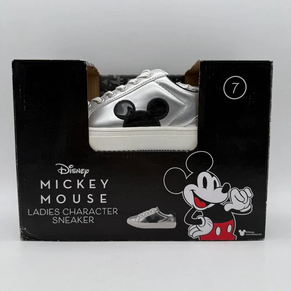 Disney Mickey Mouse Character Sneaker Women Size 7 Silver Metallic Lace Up NEW
